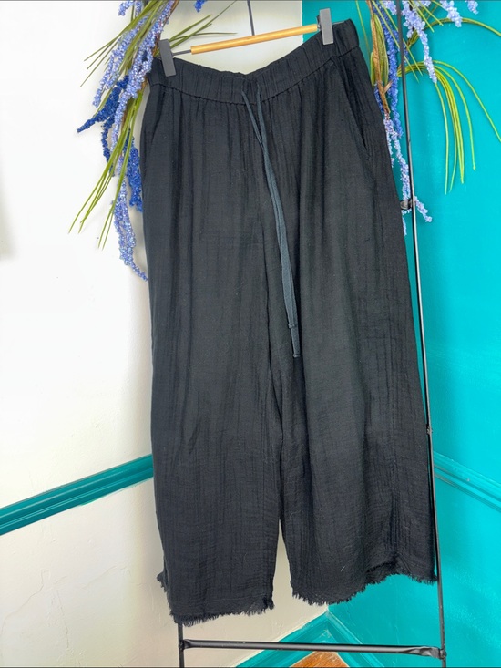 Eileen Fisher Pants - Eileen Fisher Black Wide-Leg Drawstring organic cotton raw hem crinkle gauzy